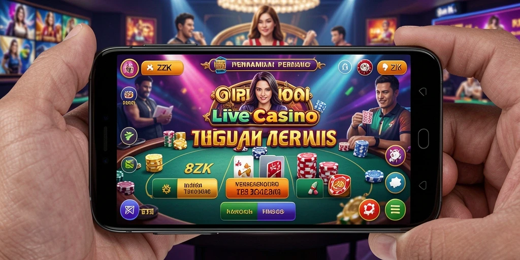 Screenshot gameplay Live Casino 8ZK yang menampilkan dealer profesional dan pemain aktif.