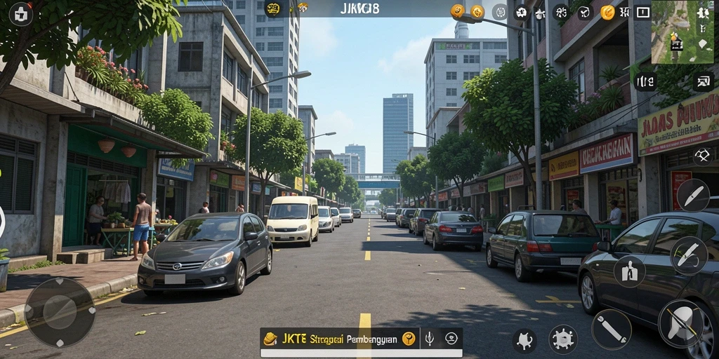 Screenshot gameplay JKT8 menampilkan strategi pembangunan kota yang kompleks.