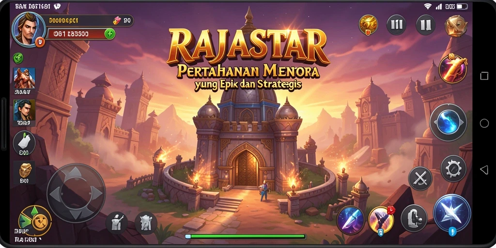 Tampilan gameplay RAJASTAR saat menara beraksi melawan musuh.
