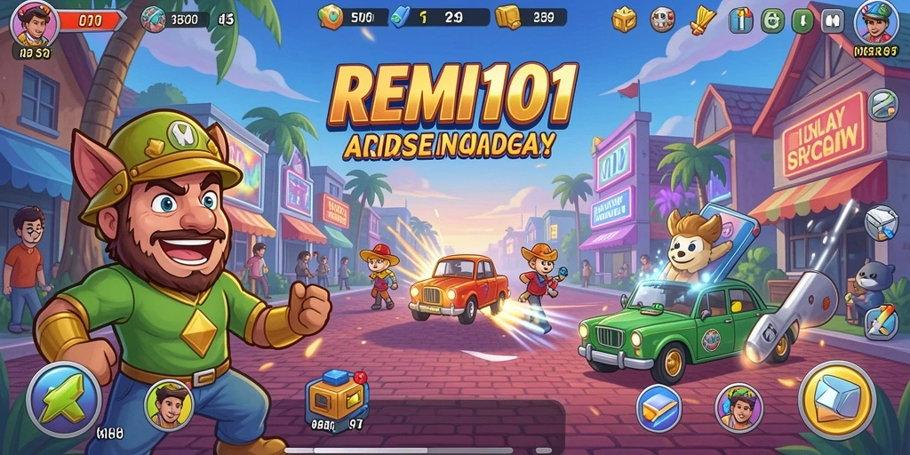 Tampilan utama gameplay REMI101 yang penuh warna dan aksi.