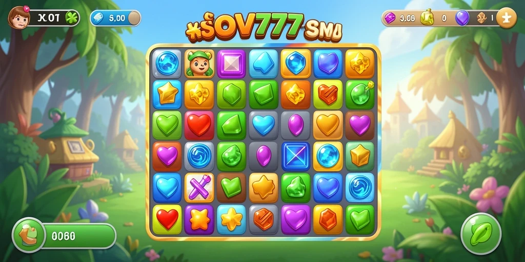 Screenshot gameplay SOV777 dengan objek Match-3 yang berwarna-warni dan menantang.