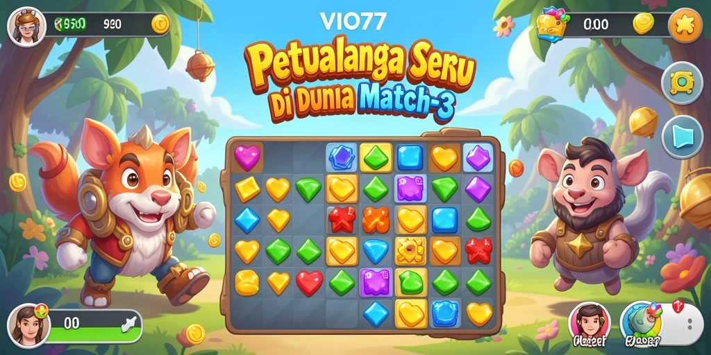 Screenshot VIO77 menunjukkan gameplay menantang Match-3 dengan kombinasi warna yang menarik.