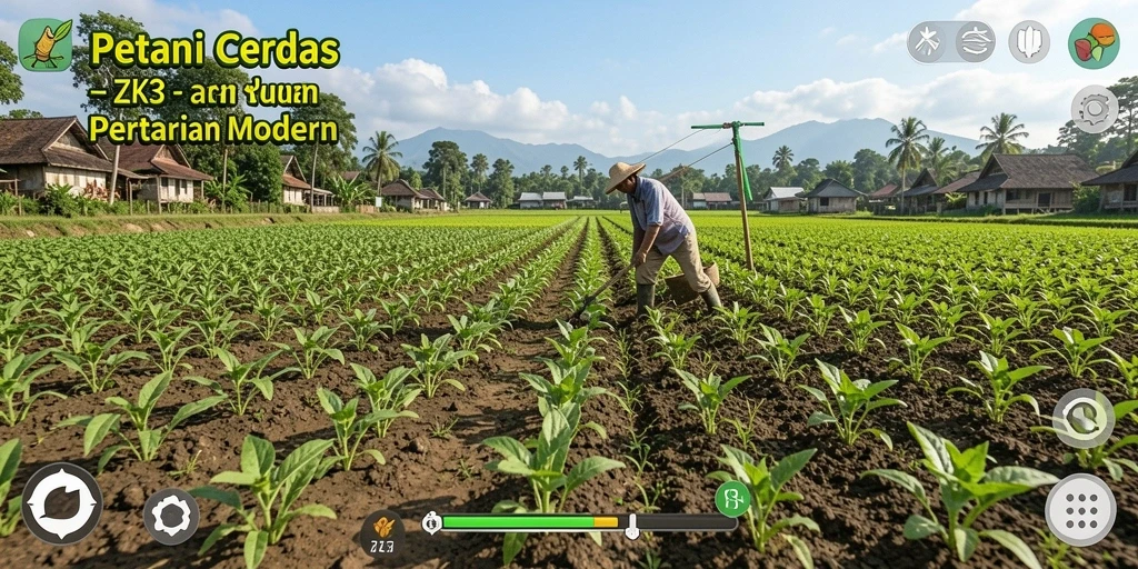 Screenshot gameplay ZK3 dengan pertanian yang subur dan alat modern.